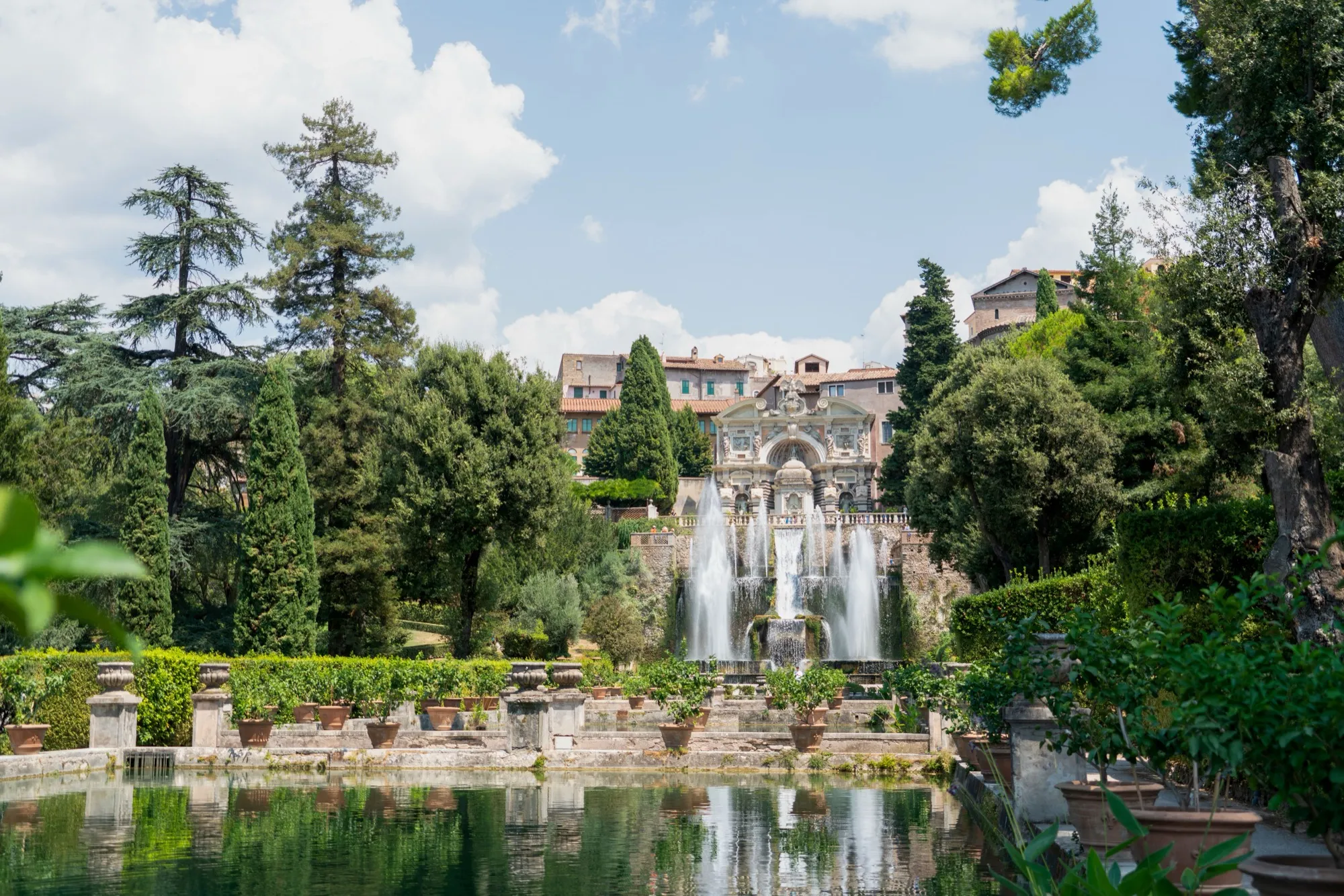 The fishponds of Villa d'Este in Tivoli, with the Fountain of Neptune and the Organ Fountain behind them